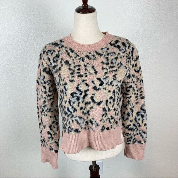 AllSaints Animal Print Cropped Aurora Crew Fuzzy Pink Leopard Sweater Women’s S - Picture 1 of 12